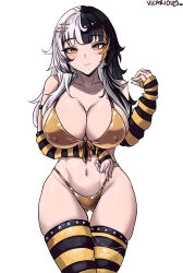 1girl absurdres alternate_costume artist_name bikini black_arm_warmers black_hair black_thighhighs blonde_hair breasts closed_mouth covered_erect_nipples gluteal_fold gold_bikini highres hololive hololive_english huge_breasts light_smile long_hair looking_at_viewer multicolored_hair navel shiori_novella simple_background solo split-color_hair streaked_hair striped_arm_warmers striped_clothes striped_thighhighs swimsuit thighhighs vicarious virtual_youtuber white_background white_hair yellow_arm_warmers yellow_eyes yellow_thighhighs