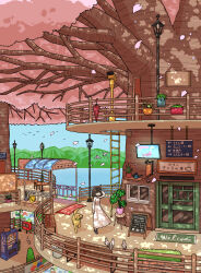 1girl absurdres animal balloon bench bird cafe cat chair cheribon cherry_blossoms dappled_sunlight dog door dress falling_petals giant_tree hashtag-only_commentary highres ladder lake lamppost mountainous_horizon original outdoors petals pigeon pink_dress plant platform postbox_(outgoing_mail) potted_plant railing scenery shelf solo standing sunlight table television trash_can tree umbrella vending_machine welcome_mat wide_shot window