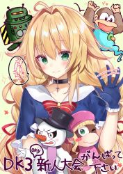 Rule 34 | 2boys, 2girls, ;), ahoge, ape, arms up, beige background, beret, black choker, black eyes, black hat, blonde hair, blue gloves, blue shirt, blush, blush stickers, bow, bowtie, character request, choker, collarbone, commentary request, copyright request, cross, cross choker, dixie kong, donkey kong (series), donkey kong country, donkey kong country 3, earrings, ghost tail, gloves, green eyes, hair between eyes, hair intakes, hair ribbon, hand up, hat, highres, jewelry, kiddy kong, long braid, long hair, looking at viewer, low twintails, multiple boys, multiple girls, natsuki (ukiwakudasai), nintendo, one eye closed, outline, pacifier, pink hat, pink outline, pink shirt, purple scarf, red bow, red neckwear, red ribbon, ribbon, scarf, shirt, short sleeves, simple background, single sidelock, sleeveless, sleeveless shirt, smile, snowman, speech bubble, striped bow, top hat, translation request, twintails, very long hair
