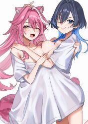 2girls absurdres alternate_costume animal_ears blue_eyes blue_hair blush breasts cat_ears cat_girl cat_tail cleavage closed_mouth fang hair_intakes highres hololive hololive_english large_breasts long_hair looking_at_viewer medium_hair mizuhasi multicolored_hair multiple_girls one_eye_closed open_mouth ouro_kronii pink_hair raora_panthera shirt skin_fang smile streaked_hair tail virtual_youtuber white_background white_hair white_shirt yellow_eyes
