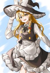 1girl absurdres apron black_bow black_bowtie black_skirt black_vest blonde_hair bow bowtie braid collared_shirt commentary_request frilled_skirt frills hair_bow hand_on_headwear hat hat_bow highres kirisame_marisa long_hair long_sleeves looking_at_viewer open_mouth red_bow shirt side_braid single_braid skirt smile solo temmie_(temi_maru) touhou very_long_hair vest waist_apron white_apron white_bow white_shirt witch_hat yellow_eyes