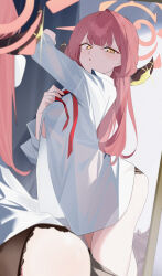 1girl absurdres arched_back aru_(blue_archive) black_panties blue_archive blurry breasts collared_shirt commentary_request demon_girl demon_horns depth_of_field from_side halo highres horns large_breasts long_hair long_sleeves looking_at_viewer open_mouth orange_eyes orange_halo panties pink_hair reflection reflection_focus shirt solo standing thighs underwear wako_(1194433260) white_shirt