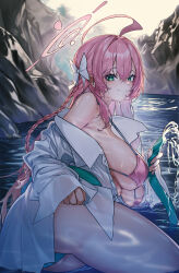 1girl absurdres ahoge ass bikini blue_archive blush bow breasts hair_bow halo hanako_(blue_archive) hanako_(swimsuit)_(blue_archive) highres hokaru holding holding_hose hose huge_ahoge large_breasts long_braid looking_at_viewer official_alternate_costume open_clothes open_shirt outdoors pink_bikini pink_hair shirt smile solo swimsuit thighs white_shirt