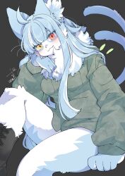 1girl :3 absurdres ahoge animal_ears black_boots blue_fur blue_hair blush boots breasts camouflage camouflage_jacket camouflage_shirt cat_ears cat_girl cat_tail commentary fluffy forked_tail furry furry_female genderswap genderswap_(mtf) heterochromia highres jacket japan_air_self-defense_force japan_air_self-defense_force_omaezaki_sub-base japan_self-defense_force jitome long_hair looking_at_viewer medium_breasts military omaneko red_eyes shirt sitting solo tail thick_thighs thighs very_long_hair whiskers yellow_eyes zakro
