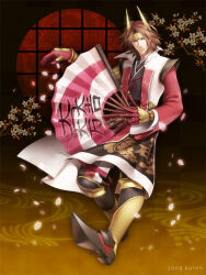 Rule 34 | armor, brown hair, coat, fan, folding fan, hand fan, ishida mitsunari, japanese clothes, kimono, kuren, male focus, petals, sengoku musou