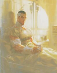 1boy arm_hair atomic_heart bandaged_arm bandaged_fingers bandaged_neck bandages bandaid bandaid_on_face bara beard_stubble bed bloom buzz_cut cup electrodes facial_hair fukurau highres holding holding_cup hospital_bed large_pectorals looking_at_viewer male_focus mug muscular muscular_male on_bed p-3_(atomic_heart) pectorals short_hair solo stubble under_covers very_short_hair