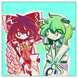 2girls ascot blue_background border bow bright_pupils closed_mouth collared_shirt detached_sleeves frilled_hair_tubes frilled_shirt_collar frills frog_hair_ornament gohei green_eyes hair_bow hair_ornament hair_tubes hairclip hakurei_reimu happy holding holding_gohei kochiya_sanae long_sleeves looking_at_another looking_to_the_side low-tied_sidelocks multiple_girls necktie open_mouth orange_ascot raisutea red_bow red_eyes red_shirt shirt short_hair sidelocks simple_background snake_hair_ornament star-shaped_pupils star_(symbol) sweatdrop symbol-shaped_pupils touhou white_border white_pupils white_shirt yellow_ascot