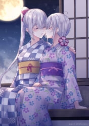 2girls alternate_costume blush bow closed_eyes dated floral_print full_moon fuyutsuki_(kancolle) grey_hair hair_between_eyes hair_bow hair_ornament hand_on_another&#039;s_shoulder highres imminent_kiss japanese_clothes kabocha_torute kantai_collection kimono long_hair long_sleeves moon multiple_girls night night_sky obi outdoors parted_lips ponytail sash sidelocks sitting sky suzutsuki_(kancolle) twitter_username very_long_hair wide_sleeves yuri