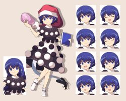 Rule 34 | 1girl, 4rion, :d, absurdres, blob, blue hair, blush, book, closed eyes, closed mouth, commentary request, dark blue hair, doremy sweet, dress, drop shadow, frilled socks, frills, full body, fur-tipped tail, hair down, hand up, hat, highres, holding, holding book, leg up, long hair, multiple expressions, nightcap, no shoes, nose blush, open mouth, pom pom (clothes), red hat, short sleeves, simple background, small sweatdrop, smile, socks, solo, standing, standing on one leg, tachi-e, tail, tearing up, touhou, two-tone dress