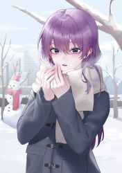 1girl absurdres black_jacket blue_eyes blue_sky breath ciel_lumiere cold commentary day hair_between_eyes hand_blush hands_up hat heterochromia highres jacket light_blush long_hair looking_at_viewer luxiel original outdoors parted_lips purple_eyes purple_hair red_scarf santa_hat scarf sky snowman solo white_scarf winter