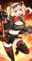 Rule 34 | 1girl, :d, absurdres, black gloves, black jacket, black skirt, black thighhighs, blonde hair, breasts, burnice white, cleavage, crop top, eyewear on head, fingerless gloves, fire, flamethrower, foot out of frame, gloves, hair ornament, hashtag-only commentary, high heels, highres, holding, holding flamethrower, holding weapon, jacket, looking at viewer, midriff, navel, open mouth, orange eyes, red-tinted eyewear, shoes, skirt, smile, solo, spiked belt, sunglasses, thighhighs, tinted eyewear, twintails, twitter username, watasi tokimi, weapon, yellow shoes, zenless zone zero