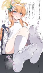 1girl absurdres animal_ear_fluff animal_ears arm_support blue_archive blue_eyes feet flower foot_focus hair_flower hair_ornament hairband highres jacket kneehighs long_hair looking_at_viewer mari_(blue_archive) metsu_end no_shoes off_shoulder orange_hair sitting socks soles speech_bubble steam sweat track_suit translation_request white_socks