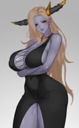 Rule 34 | 1girl, bare shoulders, black dress, blonde hair, blush, breasts, cleavage, colored skin, crossed arms, demon girl, dress, grey background, highres, horns, huge breasts, jewelry, long hair, looking at viewer, necklace, nuo (30340120), original, purple lips, purple skin, red eyes, simple background, solo, thick thighs, thighs