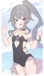 1girl :d absurdres black_one-piece_swimsuit blue_sky breasts chest_jewel covered_navel day gem grey_hair hand_up highres hololive hololive_english holonatsu_paradise jewel_under_eye koseki_bijou long_hair ocean official_alternate_costume official_alternate_hairstyle one-piece_swimsuit open_mouth outdoors ponytail punished_pigeon purple_eyes purple_gemstone sky small_breasts smile solo swimsuit v virtual_youtuber
