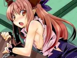 1girl :o blush bow brown_eyes brown_hair brown_horns chain commentary_request downblouse fang flat_chest hair_bow horns ibuki_suika long_hair looking_at_viewer looking_to_the_side lying mori_shin_risuku nipple_slip nipples no_bra on_side open_mouth pink_shirt pointy_ears purple_bow purple_skirt shirt sidelocks skirt sleeveless sleeveless_shirt solo tatami touhou upper_body wrist_cuffs