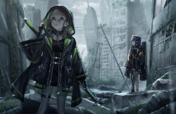 2girls aimai_mayday black_coat black_pantyhose black_skirt blunt_bangs broken_window brown_hair building coat dollchestra eyewear_on_head fishnet_top fishnets game_cg glasses half_updo high-waist_skirt highres holding holding_behind_back hood hooded_coat kachimachi_kosuzu link!_like!_love_live! long_sleeves love_live! low_twintails miniskirt multiple_girls murano_sayaka non-web_source official_alternate_costume official_alternate_hairstyle official_art open_clothes open_coat outdoors pantyhose parted_lips pink_eyes post-apocalypse rain raincoat round_eyewear ruins sidelocks skirt skyscraper standing twintails virtual_youtuber wide_sleeves zipper