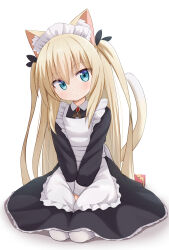 1girl animal_ears black_dress blonde_hair blue_eyes box cat_ears cat_girl cat_tail dress full_body gift gift_box highres maid maid_headdress medium_dress mii_(mogura2009) mogura2009 original own_hands_together panties seiza sitting solo tail two_side_up underwear white_panties