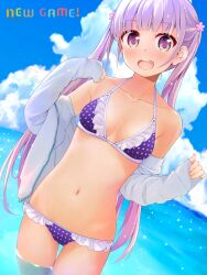 Rule 34 | 1girl, bikini, blue sky, border, breasts, chuutaro metal, cloud, collarbone, cowboy shot, frilled bikini, frills, jacket, long hair, lowleg, lowleg bikini, new game!, open clothes, open jacket, open mouth, purple bikini, purple eyes, purple hair, round teeth, sky, small breasts, smile, solo, suzukaze aoba, swimsuit, teeth, thigh gap, twintails, upper teeth only, w arms, white border, white jacket