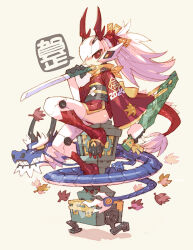 1girl 2024 chinese_zodiac commentary_request dragon dragon_girl dragon_horns dragon_tail eastern_dragon high_ponytail holding holding_sword holding_weapon horns japanese_clothes katana kimono long_hair long_sleeves nakayama_tooru original ponytail red_kimono robot_girl scabbard sheath short_kimono sitting sword tail weapon white_beard white_hair wide_sleeves year_of_the_dragon