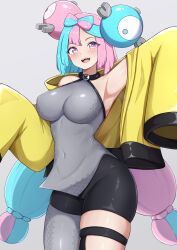 1girl absurdres arm_up armpits bike_shorts black_choker black_jacket black_shorts blue_hair blunt_ends blush bow-shaped_hair breasts character_hair_ornament choker commentary covered_navel double_bun fake_hair_bun grey_pantyhose grey_shirt hair_bun hair_ornament highres iono_(pokemon) jacket large_breasts long_hair multicolored_eyes multicolored_hair multicolored_jacket nintendo open_clothes open_jacket open_mouth pantyhose pink_eyes pink_hair pokemon pokemon_sv sharp_teeth shirt shorts single_leg_pantyhose sleeptopi sleeves_past_fingers sleeves_past_wrists smile solo split-color_hair teeth thigh_strap thighs tongue two-tone_eyes two-tone_hair two-tone_jacket upper_teeth_only very_long_hair very_long_sleeves yellow_eyes yellow_jacket