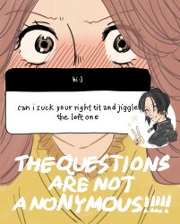 2girls black_hair black_jacket blush brown_eyes brown_hair earrings english_text highres instagram jacket jewelry komatsu_nana meme multiple_girls nana_(series) osaki_nana short_hair smile sweater the_questions_are_not_anonymous_(meme) v y4ntaoist yellow_sweater yuri