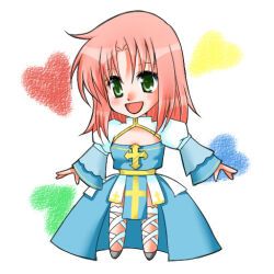 1girl :d a-pose arch_bishop_(ragnarok_online) black_shoes blue_dress blush chibi chibi_only cleavage_cutout clothing_cutout commentary_request cross dress fishnet_thighhighs fishnets full_body green_eyes heart juliet_sleeves kazu_ayase long_sleeves medium_hair open_mouth pink_hair puffy_sleeves ragnarok_online sash shoes simple_background smile solo thighhighs two-tone_dress white_background white_dress white_thighhighs yellow_sash