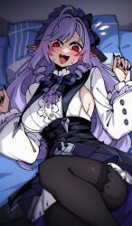 Rule 34 | 1girl, absurdres, black nails, black pantyhose, black skirt, blush, breasts, dress, drill hair, drill sidelocks, dryegen, ear blush, highres, knee up, large breasts, long hair, on bed, open mouth, pantyhose, pointy ears, purple hair, red eyes, shrug (clothing), sideboob, sidelocks, skirt, solo, sweatdrop, vivian banshee, white dress, white shrug, zenless zone zero