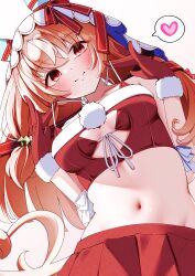 1girl absurdres alternate_costume animal_ears breasts closed_mouth collarbone commentary_request gloves hair_between_eyes hair_ornament heart highres horse_ears horse_girl long_hair looking_at_viewer navel ponta_(1859ysmssstsp) santa_costume small_breasts smile solo spoken_heart still_in_love_(umamusume) umamusume veil white_background