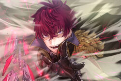 1boy black_coat black_gloves coat earrings epaulettes evil_smile fate/prototype fate/prototype:_fragments_of_blue_and_silver fate_(series) gloves highres jewelry looking_at_viewer lucius_tiberius_(fate) male_focus messy_hair muzuki_muzuki open_mouth purple_eyes red_hair smile solo stud_earrings twitter_username upper_body wide-eyed