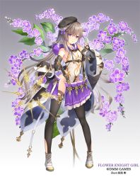 1girl bare_shoulders beret black_hat black_thighhighs brown_hair clothing_cutout commentary_request copyright_name dagger detached_sleeves duranta_(flower_knight_girl) female_focus fingerless_gloves flower flower_knight_girl full_body gloves gradient_background hat holding holding_weapon hood hood_down knife leotard long_hair long_sleeves looking_at_viewer loose_skirt miniskirt navel navel_cutout official_art parted_lips pleated_skirt purple_eyes purple_flower shoes skirt solo standing thighhighs thighs very_long_hair watermark weapon white_leotard white_shoes wide_sleeves yuasa_akira