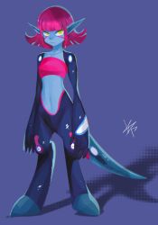 Rule 34 | 1girl, blue skin, colored skin, duna (fossil fighters), fossil fighters, green eyes, highres, looking at viewer, monster girl, pink hair, pink tube top, pointy ears, purple background, simmahem, simple background, solo, strapless, tail, tube top