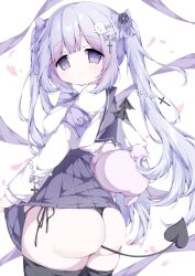 Rule 34 | 1girl, armband, ass, black panties, black thighhighs, blush, bow, closed mouth, demon tail, hair between eyes, hair bow, hair ornament, hamada pengin, highres, long hair, long sleeves, looking at viewer, original, panties, pleated skirt, purple eyes, purple hair, purple skirt, sailor collar, school uniform, shirt, skirt, smile, solo, tail, thighhighs, twintails, underwear, very long hair, white shirt, wings