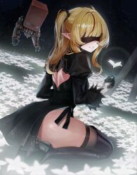 1girl 2b_(nier:automata) 2b_(nier:automata)_(cosplay) blonde_hair breasts chromashift elf female_focus hag long_hair lp_(lp0000_k) multicolored_hair necromancer pointy_ears red_eyes red_hair ruby_runeheart small_breasts solo solo_focus two-tone_hair virtual_youtuber vtuber_fanart witch