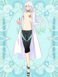 1boy ankle_strap aqua_background bishounen black_choker black_sandals bubble_tea chest_tattoo choker coat colored_tips cup dairoku_ryouhei disposable_cup drink drinking_straw full_body green_hair hair_between_eyes hip_bones holding holding_cup holding_drink jammers l_(matador) long_bangs long_hair looking_at_viewer male_focus male_swimwear multicolored_hair no_shirt open_clothes open_coat orange_eyes parted_lips pendant_choker sandals single_off_shoulder sleeves_past_wrists smile solo standing tattoo very_long_hair white_coat white_hair