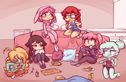 6+girls amy_(doki_doki_literature_club) animal_hood animal_hoodie bed bed_frame bed_sheet bedroom beverage_can black_hair blanket blue_hair braid chibi chips_(food) commission cookie crossover dead_by_daylight doki_doki_literature_club drawer eating food genshin_impact gesture gesture_request ghost green_eyes grey_eyes headboard highres hood hoodie hu_tao_(genshin_impact) juice_box komicdraws laughing looking_at_another monster_prom multiple_girls nightstand nikaidou_saki hugging_object onesie orange_eyes orange_hair ouija pajamas pillow pillow_hug pink_eyes pink_hair plate polly_geist potato_chips rabbit_hood red_eyes red_hair shirt sleepover stream strip_poker_night_at_the_inventory susie_(dead_by_daylight) tied_shirt twin_braids twintails zombie_land_saga