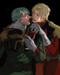2boys alcohol black_background blonde_hair blue_eyes challia_bull char_aznable cup drinking_glass epaulettes facial_hair gloves green_eyes green_hair gundam gundam_gquuuuuux hair_over_one_eye high_collar highres holding holding_cup jacket long_sleeves male_focus medeakn military_jacket military_uniform multiple_boys mustache short_hair simple_background wine wine_glass yaoi