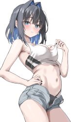 1girl absurdres black_hair black_panties blue_eyes blue_hair blush breasts colored_inner_hair commentary crop_top hand_on_own_hip highres hololive hololive_english looking_at_viewer multicolored_hair navel open_clothes open_shorts ouro_kronii panties parted_lips scarlet_(wv0102) short_hair short_shorts shorts simple_background solo standing stomach symbol-only_commentary teeth underwear virtual_youtuber white_background