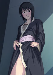 Rule 34 | 1girl, black eyes, black hair, blush, female focus, fishnets, from below, japanese clothes, kimono, looking away, naruto (classic), naruto (series), obi, panties, sash, shizune (naruto), short hair, solo, standing, tk (tk&#039;s level4), underwear, white panties