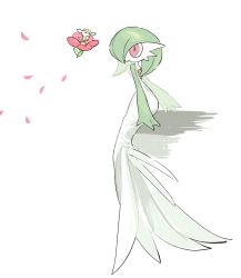 bob_cut colored_skin dress flabebe flabebe_(red_flower) gardevoir gen_3_pokemon gen_6_pokemon green_hair green_skin highres multicolored_skin nintendo pink_eyes pokemon pokemon_(creature) simple_background sok_(mr14_c) two-tone_skin white_background white_dress white_skin