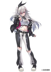1girl black_jacket bow closed_mouth crown_hair_ornament floating_hair grey_hair hair_between_eyes hair_bow hair_ornament highres hololive hololive_dev_is isaki_riona jacket long_hair long_sleeves looking_at_viewer midriff navel navel_piercing official_art one_side_up open_clothes open_jacket pants piercing red_eyes simple_background smile solo standing ttosom virtual_youtuber white_background