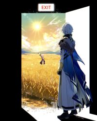1boy 1girl amata_(amaxtamax) black_shoes coat cyrene_(honkai:_star_rail) day highres honkai:_star_rail honkai_(series) open_door outdoors phainon_(honkai:_star_rail) pink_hair purple_coat shoes short_hair sun waving_hands wheat wheat_field white_coat white_hair