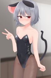 Rule 34 | animal ears, black leotard, blush, breasts, brown pantyhose, collarbone, commentary request, covered navel, dakuazu, grey hair, highres, leotard, mouse ears, mouse tail, nazrin, pantyhose, playboy bunny, red eyes, short hair, small breasts, strapless, strapless leotard, tail, touhou, v