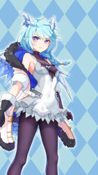 1girl absurdres black_pantyhose blue_hair braid braided_ponytail breasts coat covered_navel dragon_girl dragon_horns dragon_tail dragon_wings dress frilled_dress frills fur-trimmed_coat fur_trim gloves highres horns kamikili long_hair pantyhose princess_connect! purple_eyes sheffy_(princess_connect!) simple_background slit_pupils small_breasts solo tail wings