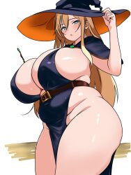 1girl belt black_dress black_hat blonde_hair blue_eyes breasts cape cleavage covered_navel dress from_side hair_between_eyes hand_on_own_hat hat huge_breasts long_hair mole mole_under_mouth no_panties open_mouth orange_hair original pelvic_curtain plump sideless_dress solo standing thick_thighs thighs usagirin wand white_background wide_brim wide_hips witch witch_hat