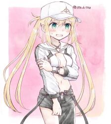 1girl 37kuki770 artoria_caster_(fate) artoria_caster_(swimsuit_berserker)_(fate) artoria_caster_(swimsuit_berserker)_(first_ascension)_(fate) artoria_pendragon_(fate) bikini blonde_hair blush breasts fate/grand_order fate_(series) green_eyes hat long_hair navel open_mouth pink_background shy solo stomach swimsuit twintails white_bikini
