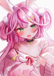 1girl animal_ears bare_shoulders blush collarbone dress green_eyes hair_ornament hairclip highres indie_virtual_youtuber jacket long_hair long_sleeves looking_at_viewer mochizuki_nako off_shoulder open_mouth pink_hair rabbit_ears rachip solo two_side_up upper_body