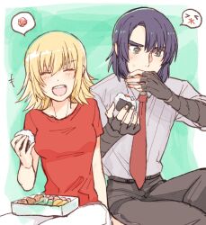 Rule 34 | 1boy, 1girl, athrun zala, black pants, blonde hair, blue hair, blush, cagalli yula athha, closed eyes, eating, food, green eyes, grey shirt, gundam, gundam seed, gundam seed freedom, highres, holding, holding food, kimi88407604, lunchbox, necktie, onigiri, panties, pants, red necktie, red shirt, shirt, short hair, sitting, smile, speech bubble, underwear, white pants
