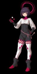 1boy absurdres androgynous baggy_clothes belt black_background black_gloves bulge commentary covered_navel d20_(die) dice ebonyxh english_commentary eoin_(ebonyxh) eyeliner eyeshadow full_body gloves grin halo hand_on_own_hip highres long_sleeves makeup original polyhedral_dice purple_eyes purple_hair red_eyeliner red_eyeshadow red_gloves ringed_eyes sheath sheathed short_hair simple_background smile solo standing sword teeth thighhighs trap two-tone_gloves weapon white_thighhighs