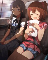 2girls belt blue_dress blue_eyes blue_hair blurry blurry_background brown_hair buttons car_interior card_(medium) closed_eyes dress game_cg hair_ornament hairclip holding idolmaster idolmaster_million_live! idolmaster_million_live!_theater_days idolmaster_million_radio! kasuga_mirai mogami_shizuka multiple_girls official_art open_mouth paper plaid_clothes puffy_sleeves seatbelt shirt short_shorts shorts side_ponytail sitting white_shirt