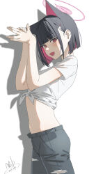 1girl absurdres animal_ears black_hair black_pants blue_archive blunt_bangs blunt_ends blush cat_ears cat_girl colored_inner_animal_ears colored_inner_hair extra_ears from_side hair_behind_ear highres kazusa_(blue_archive) looking_at_viewer lower_teeth_only multicolored_hair navel open_mouth pants pink_eyes pink_hair qtian shadow_puppet shirt short_sleeves sidelocks solo stomach t-shirt teeth tied_shirt torn_clothes torn_pants two-tone_hair white_shirt